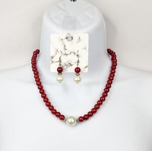 Red & White Faux Pearl Necklace & Earring Set